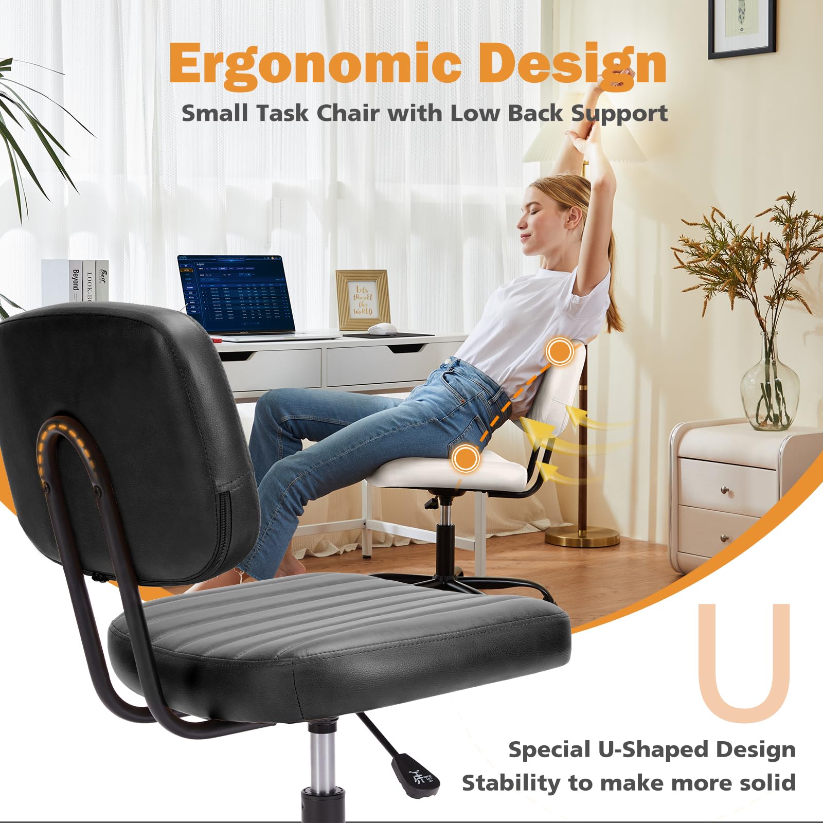 Small Office Desk Chair - Armless PU Leather with Comfy Lumbar Support, Height Adjustable Rolling Swivel Task for No Arms, for Adult, Student, Bedroom, Home, Vanity, Black