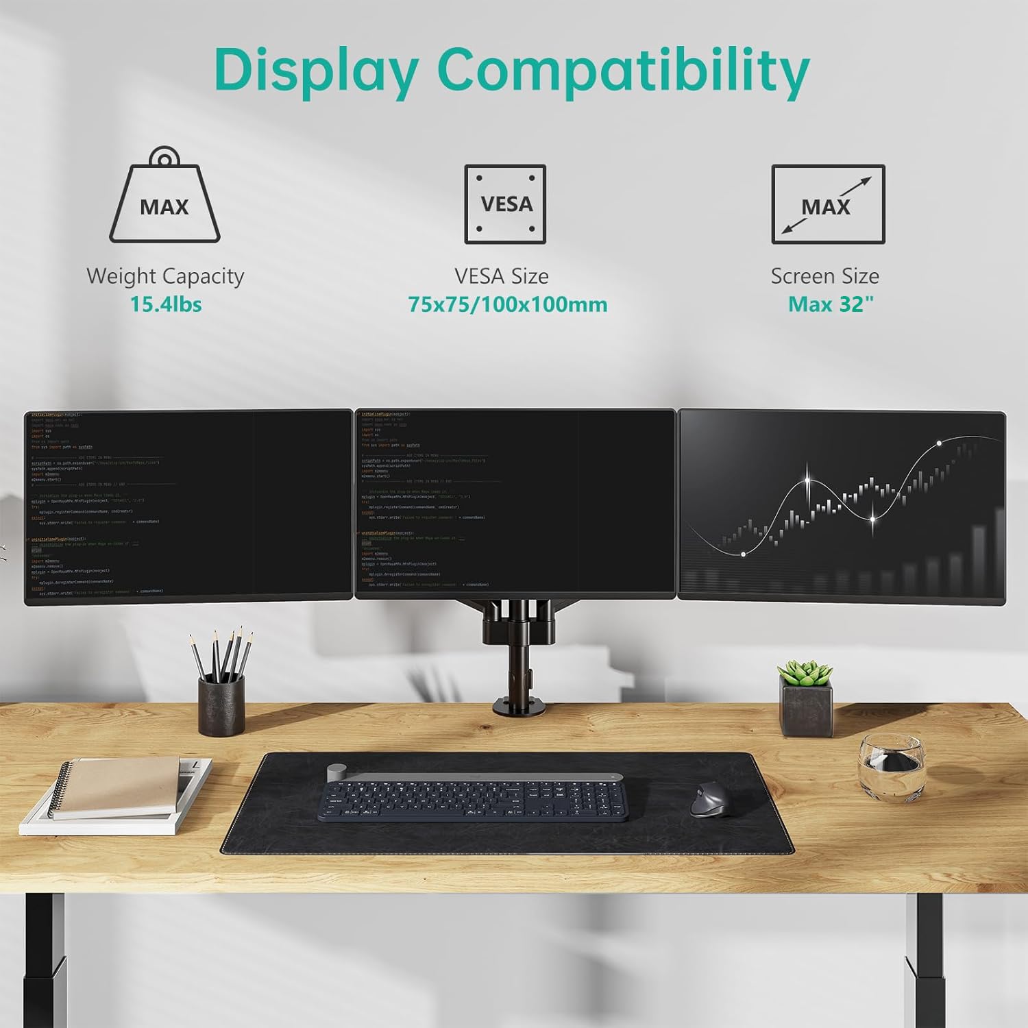 Triple Monitor Mount for 13-32 inch Screens, Adjustable 3 Monitors Desk Mount with Swivel, Tilt, Clamp & Grommet Kit, Triple Monitor Stand for Desk, VESA 75x75/100x100mm (GSDM003), Black