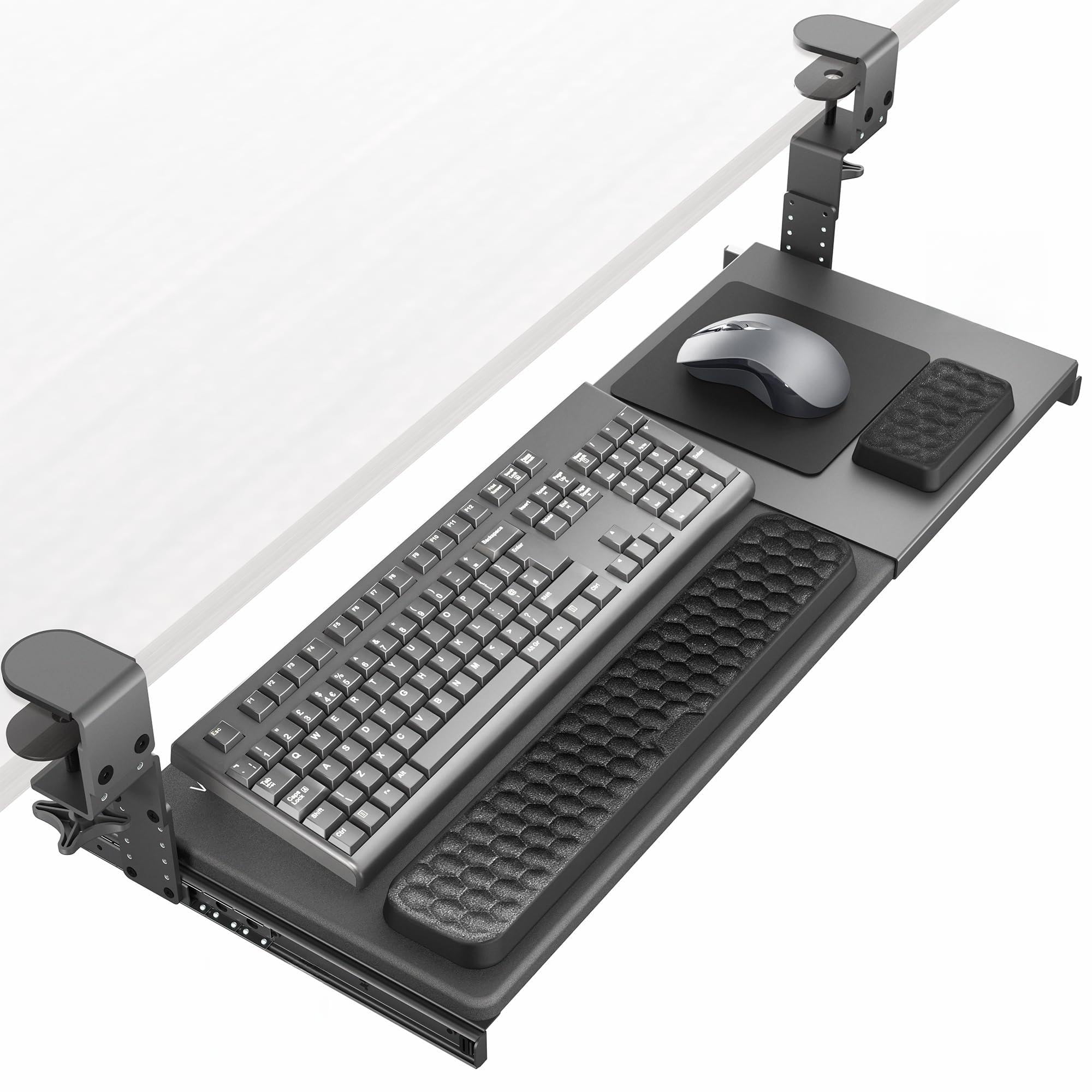 Large Height and Width Adjustable Under Desk Keyboard Tray, C-clamp Mount System, 22.5” to 30” (28.5” to 36” Including Clamps) x 11 inch Slide-Out Platform for Typing, Black, Mount-KBST1