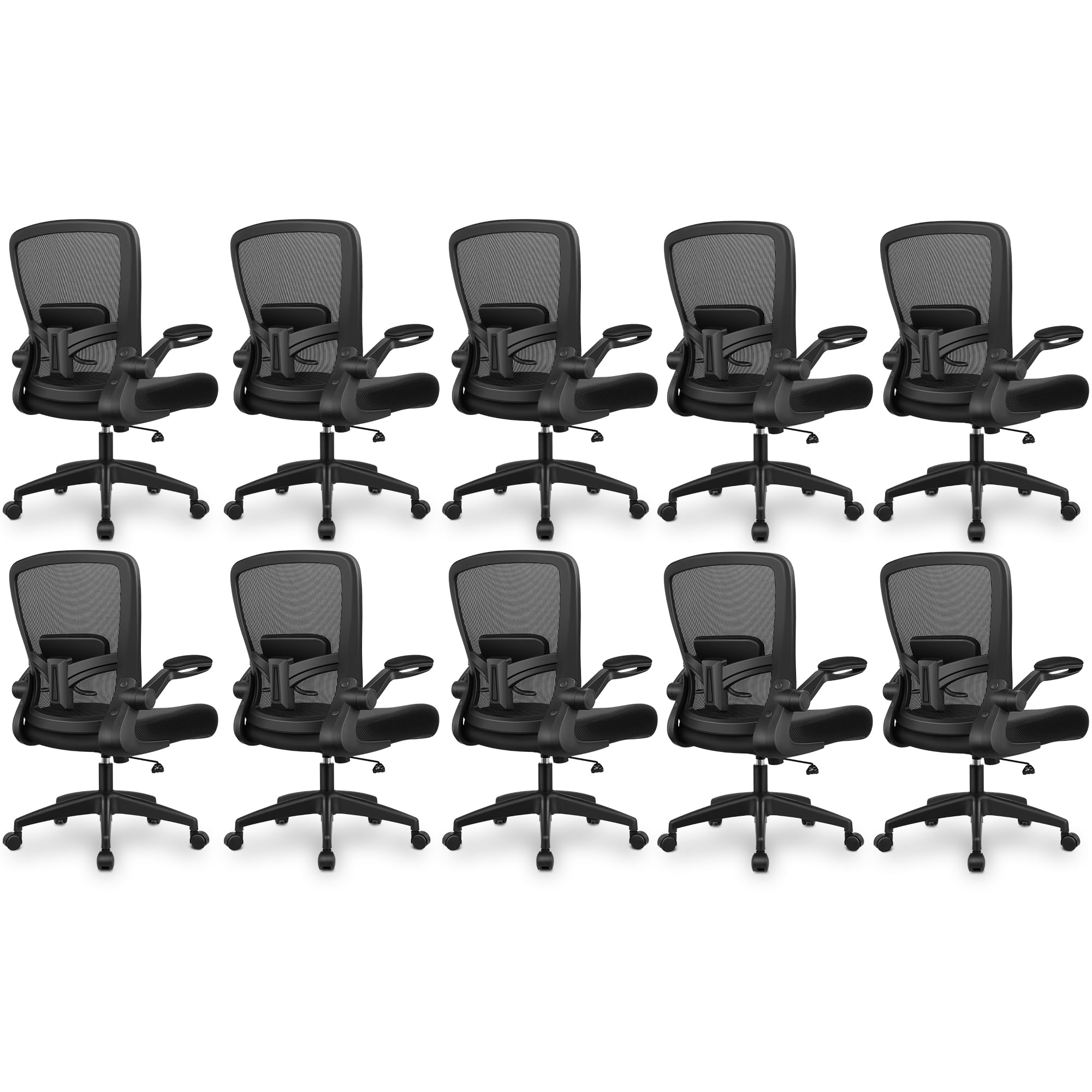 Office Chair, Ergonomic Desk Chair Breathable Mesh Chairs Adjustable High Back Lumbar Support Flip-up Armrests, Executive Rolling Swivel Comfy Computer Chairs Home Office Black, Pack of 10