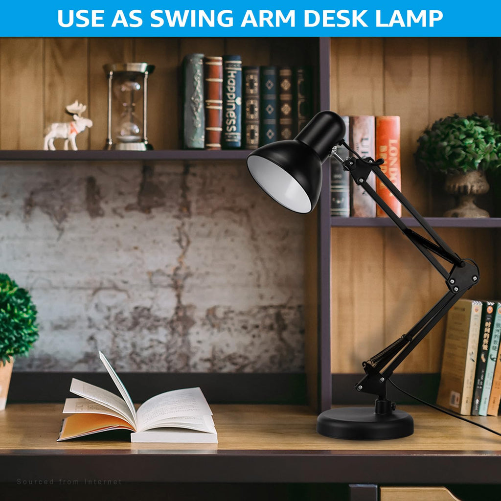 Metal Desk Lamp with Clamp, Swing Arm, Architect Adjustable Gooseneck Table Lamp, Clip Desk Lights for Home Office, Work, Study, Reading, E26 Base, Multi-Joint, Black