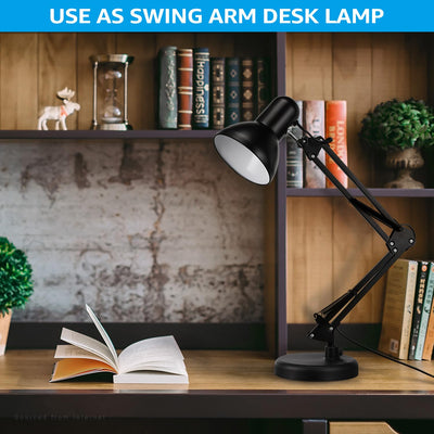 Metal Desk Lamp with Clamp, Swing Arm, Architect Adjustable Gooseneck Table Lamp, Clip Desk Lights for Home Office, Work, Study, Reading, E26 Base, Multi-Joint, Black
