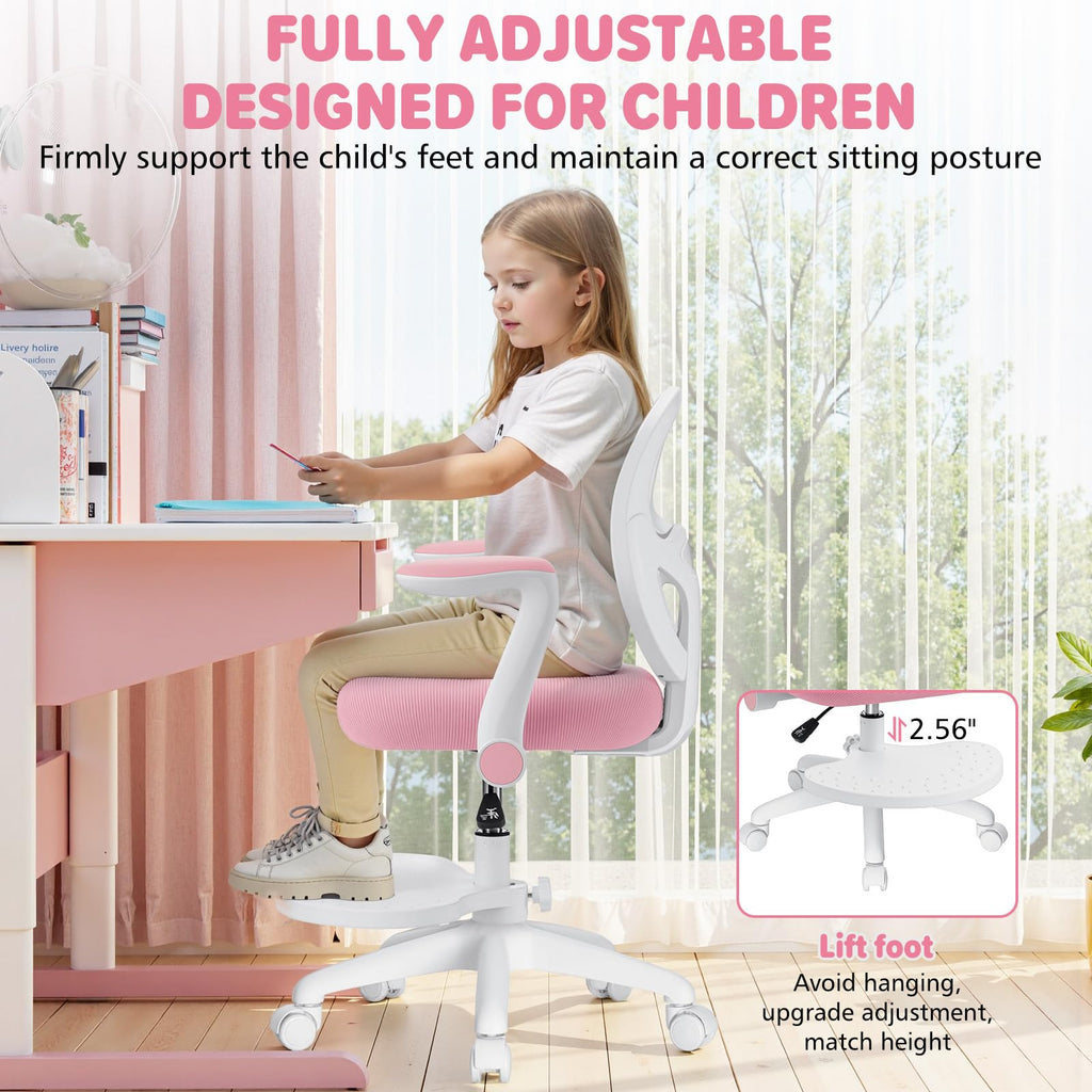 Kids Desk Chair Ergonomic Study Chair with Flipped Armrest and Footrest Adjustable Height Swivel Kids Computer Chair Mesh Desk Chair for Boys Girls Children at Home Bedroom Study Room Pink