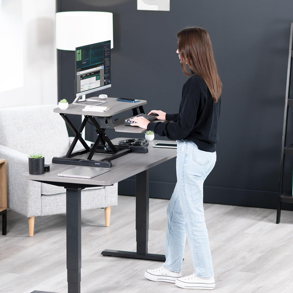 26 inch Desk Converter, K Series, Height Adjustable Sit to Stand Riser, Dual Monitor and Laptop Workstation with Keyboard Tray, Gray Top, Black Frame, DESK-V026KG