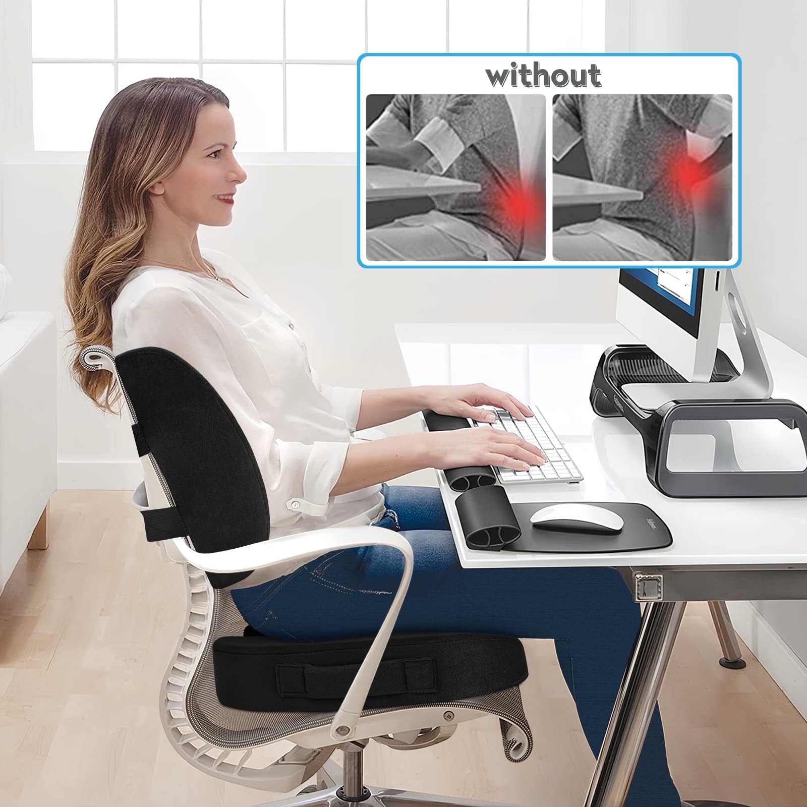 Lumbar Support Pillow & Seat Cushion Set for Office Chair, Desk Chair, Wheelchair & Car–Memory Foam Back Support,Ergonomic Chair Cushions,Sciatica Pain Relief,Home Essentials(Black,XL)