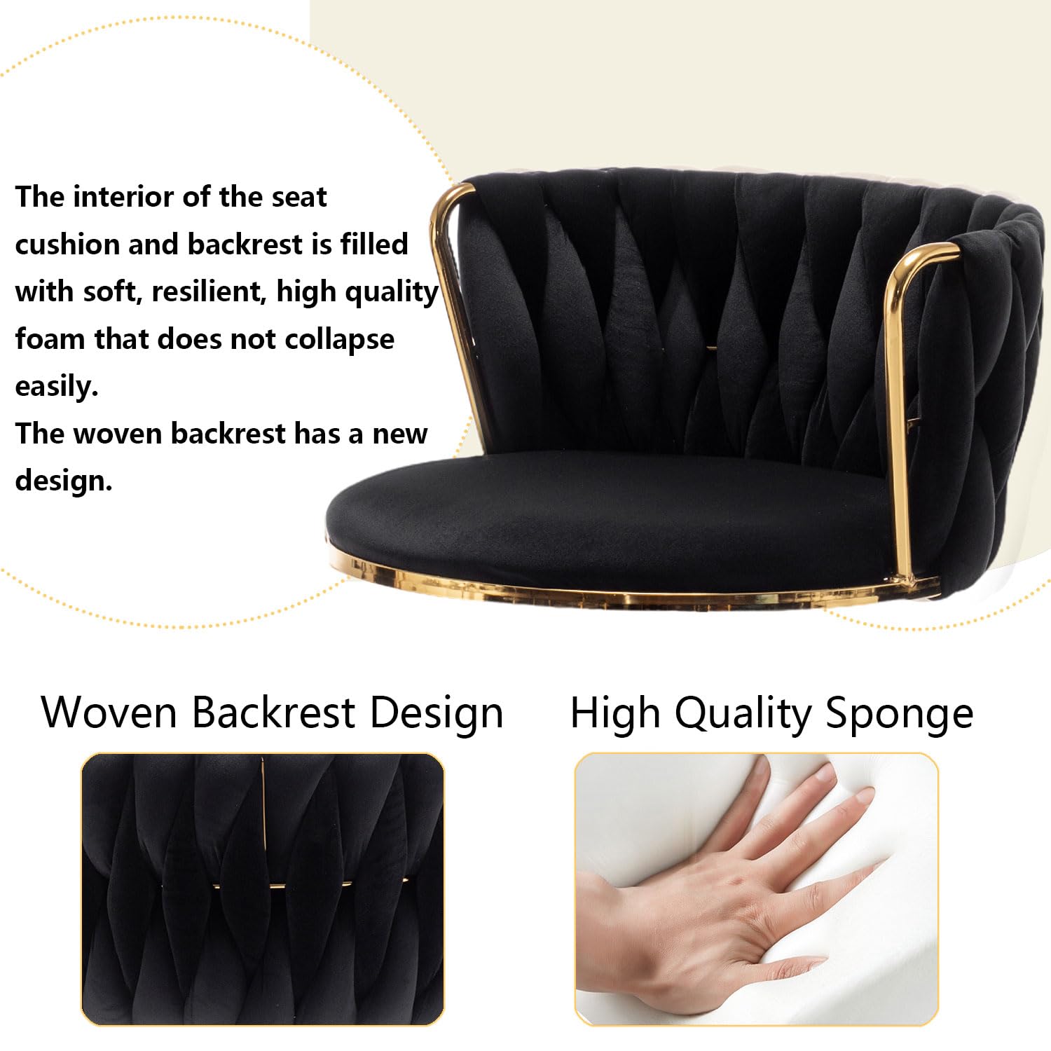 Gold Velvet Bar Stools Set of 4, Swivel Counter Height Bar Stools with Back, Adjustable Woven Barstools for Kitchen Island, Pub, Club (Black)