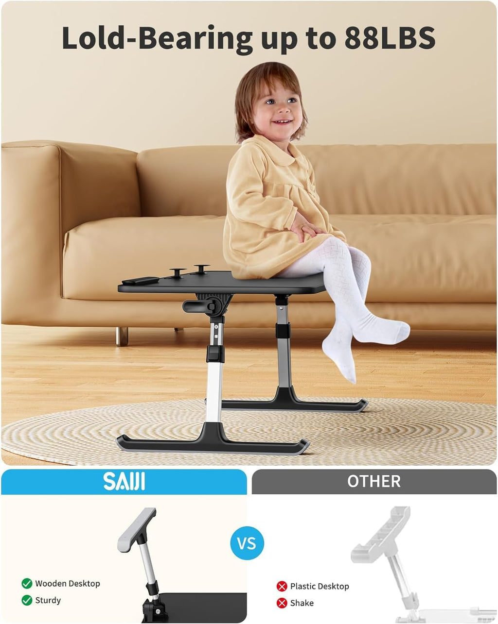 Height & Angle Adjustable Laptop Stand for Bed, Lap Desk Bed Tray Table, Light Weight Foldable Portable Laptop Table for Couch Sofa Chair Floor Desk for Adults, Kids (Black)