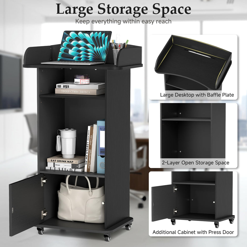 Portable Podium Stand with 4 Metal Wheels, Mobile Lectern Stand with Storage for Church Classroom Restaurant Reception Office Presentation, Wooden Pulpit Desk for Hostess Teacher (Black)