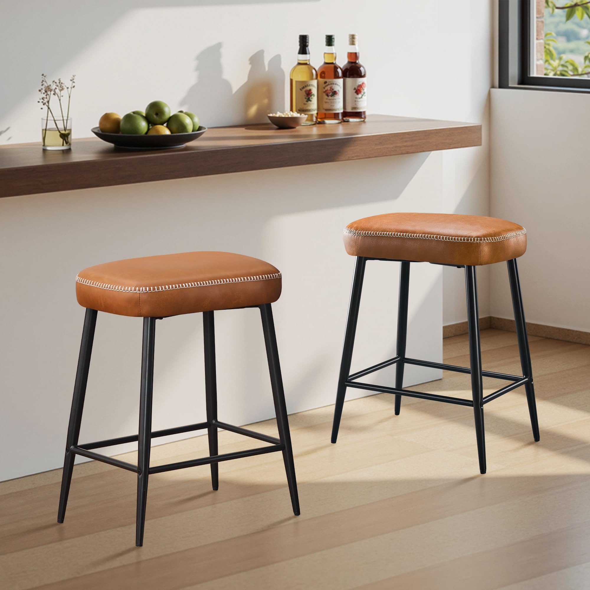 24 Inch Bar Stools Set of 2, Counter Height Bar Stool for Kitchen Island, Metal Bar Stools for Counter, Modern Kitchen Stools with Sturdy Metal Base and Adjustable Foot Pins, Brown