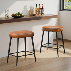 24 Inch Bar Stools Set of 2, Counter Height Bar Stool for Kitchen Island, Metal Bar Stools for Counter, Modern Kitchen Stools with Sturdy Metal Base and Adjustable Foot Pins, Brown