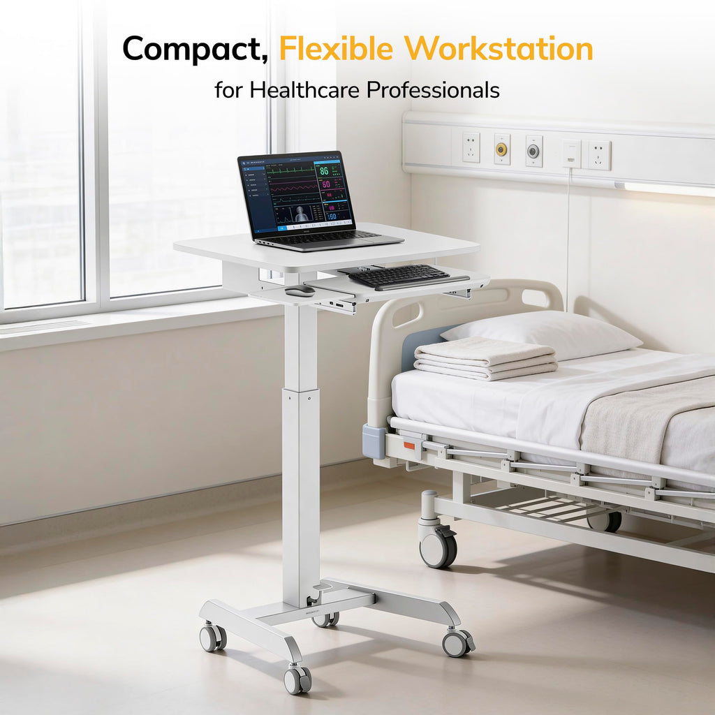 Height Adjustable Rolling Laptop Desk with Keyboard Tray, Mobile Sit-Stand Computer Cart with Wheels, Small Standing Desk for Home, Office, or Classroom, 23.6" x 20.5", White