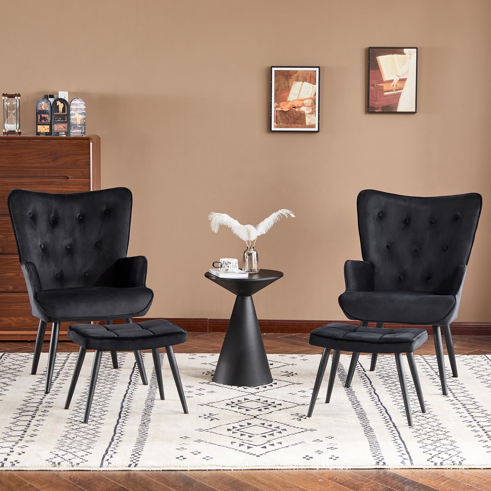 Velvet Accent Chair with Ottoman, Upholstered Reading Chair with High Backrest, Tufted-Button Wingback Armchair for Bedroom, Dressing Room, Home Office, Black