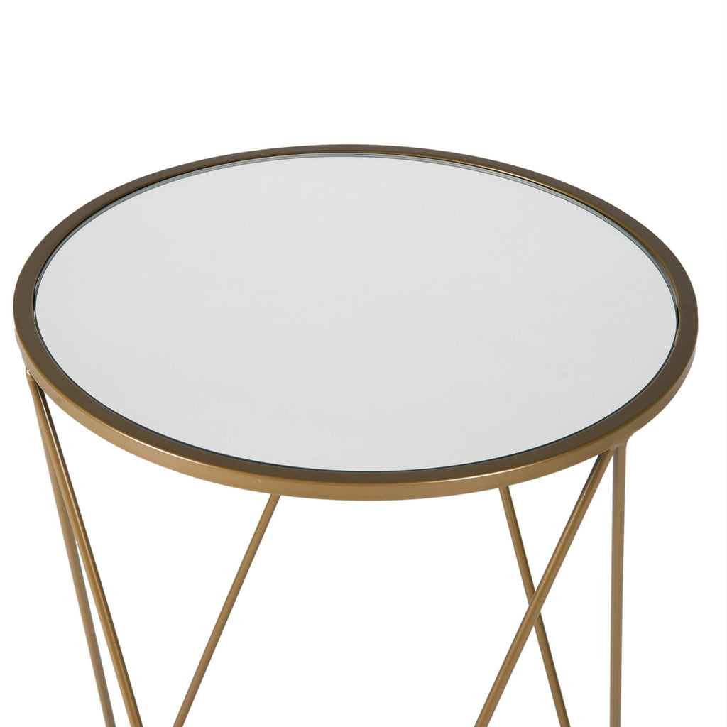 Metal Accent Table Triangle Base Round Mirror Top, Gold