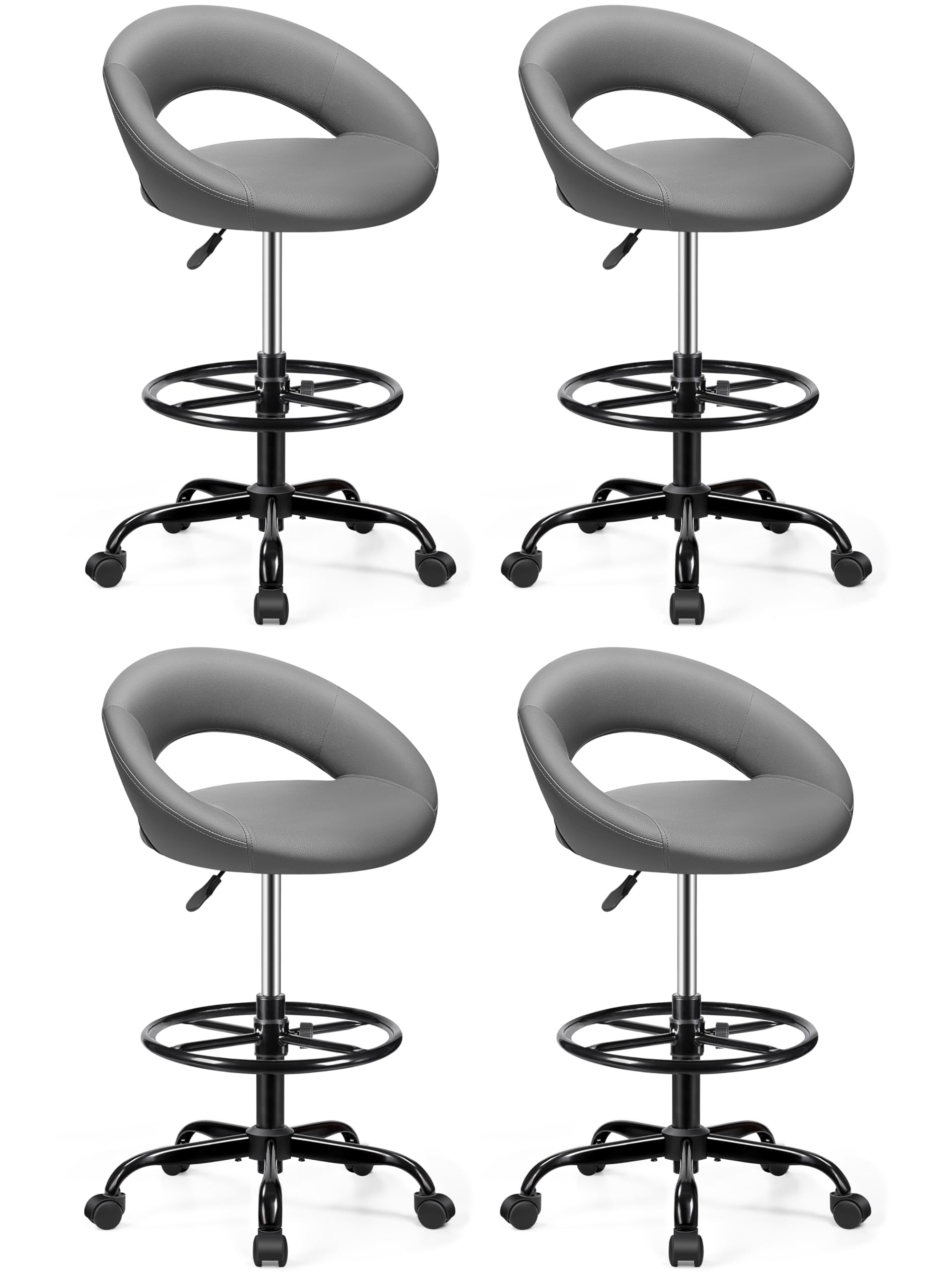 Gray 4 Pack, Drafting Chair with Back, Height Adjustable Rolling Stool with Foot Rest, Tall 360° Swivel Stool PU Leather Chair with Wheels for Home Office, Standing Desk
