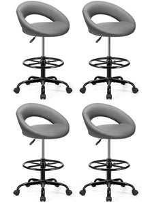 Gray 4 Pack, Drafting Chair with Back, Height Adjustable Rolling Stool with Foot Rest, Tall 360° Swivel Stool PU Leather Chair with Wheels for Home Office, Standing Desk