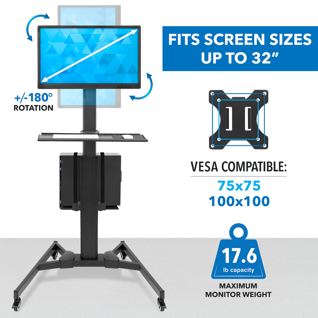 Computer Cart Mobile Desk Workstation with Monitor Mount for Screen up to 32", Rolling Computer Desk PC Cart, Keyboard & Mouse Tray, Rolling Stand with Adjustable CPU Holder, 63.5" Tall