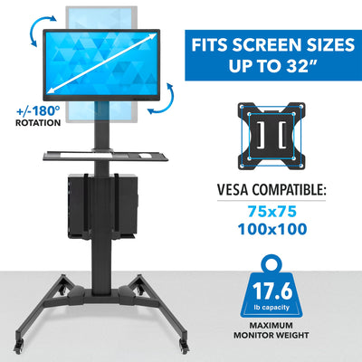 Computer Cart Mobile Desk Workstation with Monitor Mount for Screen up to 32