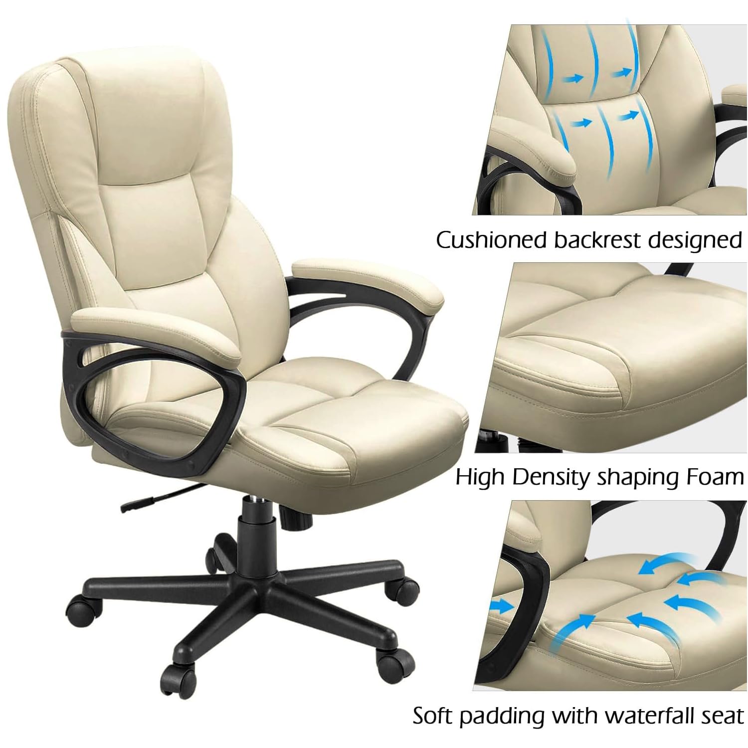 Office Executive Chair High Back Adjustable Managerial Home Desk Chair, Swivel Computer PU Leather Chair with Lumbar Support (1, Khaki)