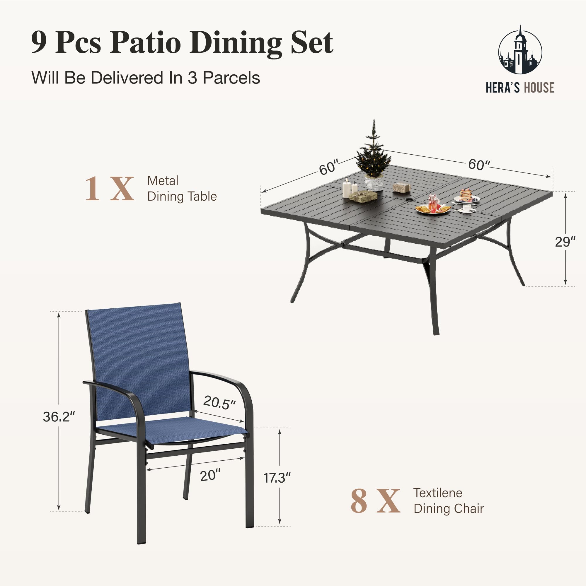 9 Pieces Patio Dining Sets, Outdoor Table and Chairs Set of 8, 8 x Blue Textilene Dining Chair, 60" Square Metal Dining Table with 1.57" Umbrella Hole for Lawn Garden Backyard Deck
