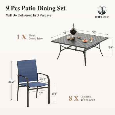 9 Pieces Patio Dining Sets, Outdoor Table and Chairs Set of 8, 8 x Blue Textilene Dining Chair, 60