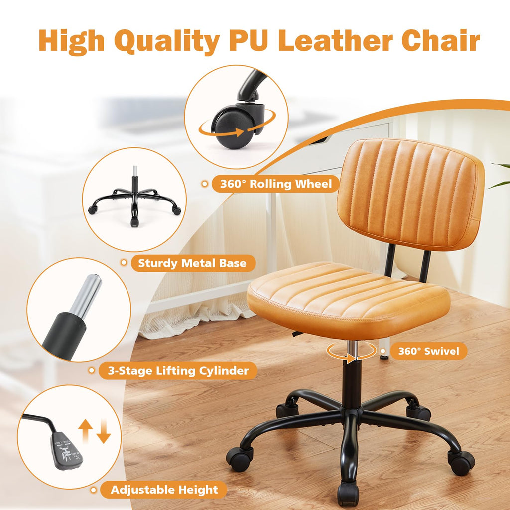 Small Office Desk Chair - Armless PU Leather with Comfy Lumbar Support, Height Adjustable Rolling Swivel Task for No Arms, for Adult, Student, Bedroom, Home, Vanity, Brown