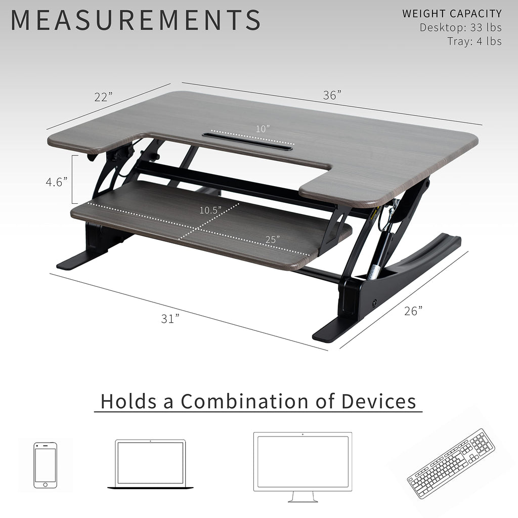 36 inch Height Adjustable Stand Up Desk Converter, V Series, Quick Sit to Stand Tabletop Dual Monitor Riser Workstation, Gray Top, Black Frame, DESK-V000VG