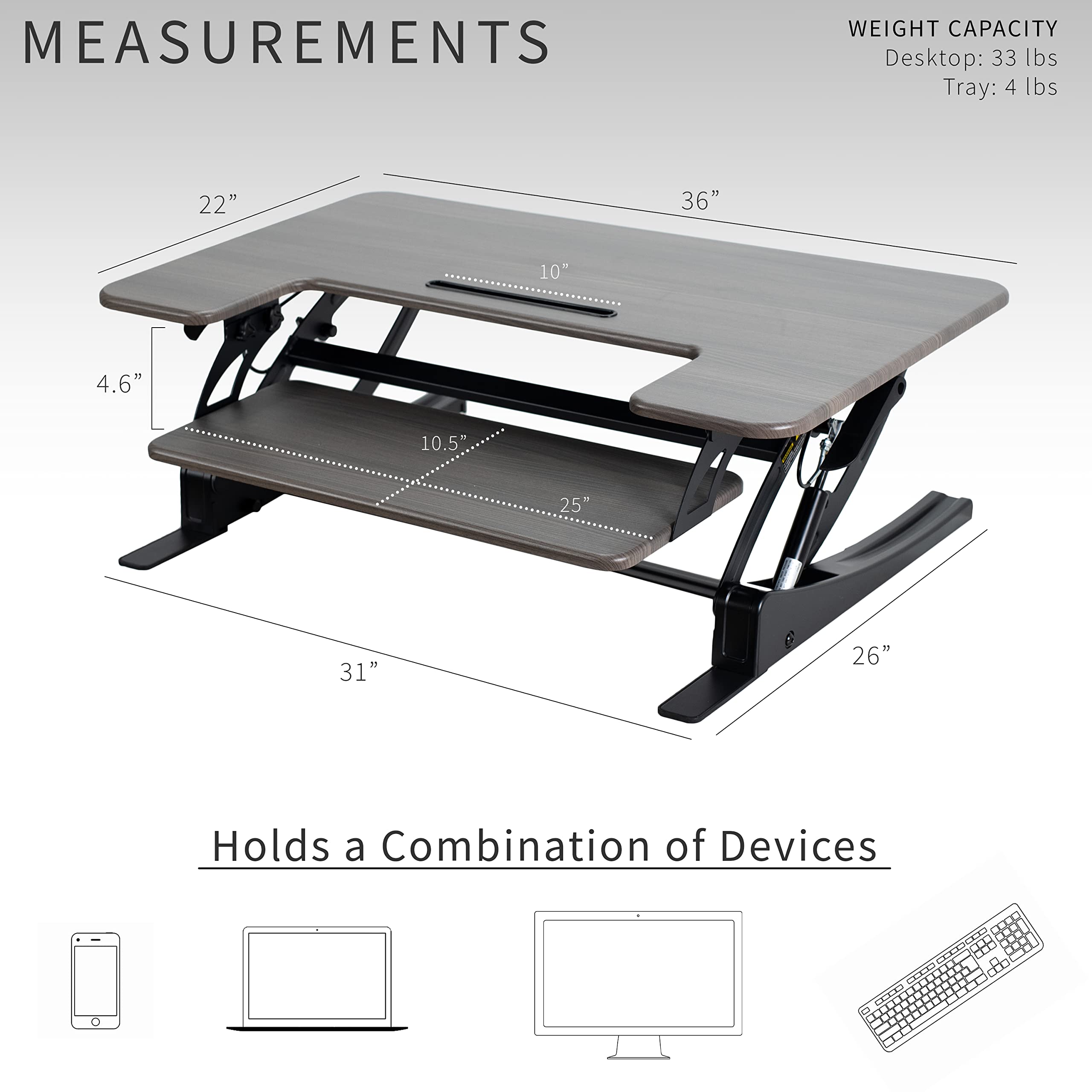 36 inch Height Adjustable Stand Up Desk Converter, V Series, Quick Sit to Stand Tabletop Dual Monitor Riser Workstation, Gray Top, Black Frame, DESK-V000VG