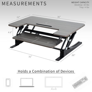 36 inch Height Adjustable Stand Up Desk Converter, V Series, Quick Sit to Stand Tabletop Dual Monitor Riser Workstation, Gray Top, Black Frame, DESK-V000VG