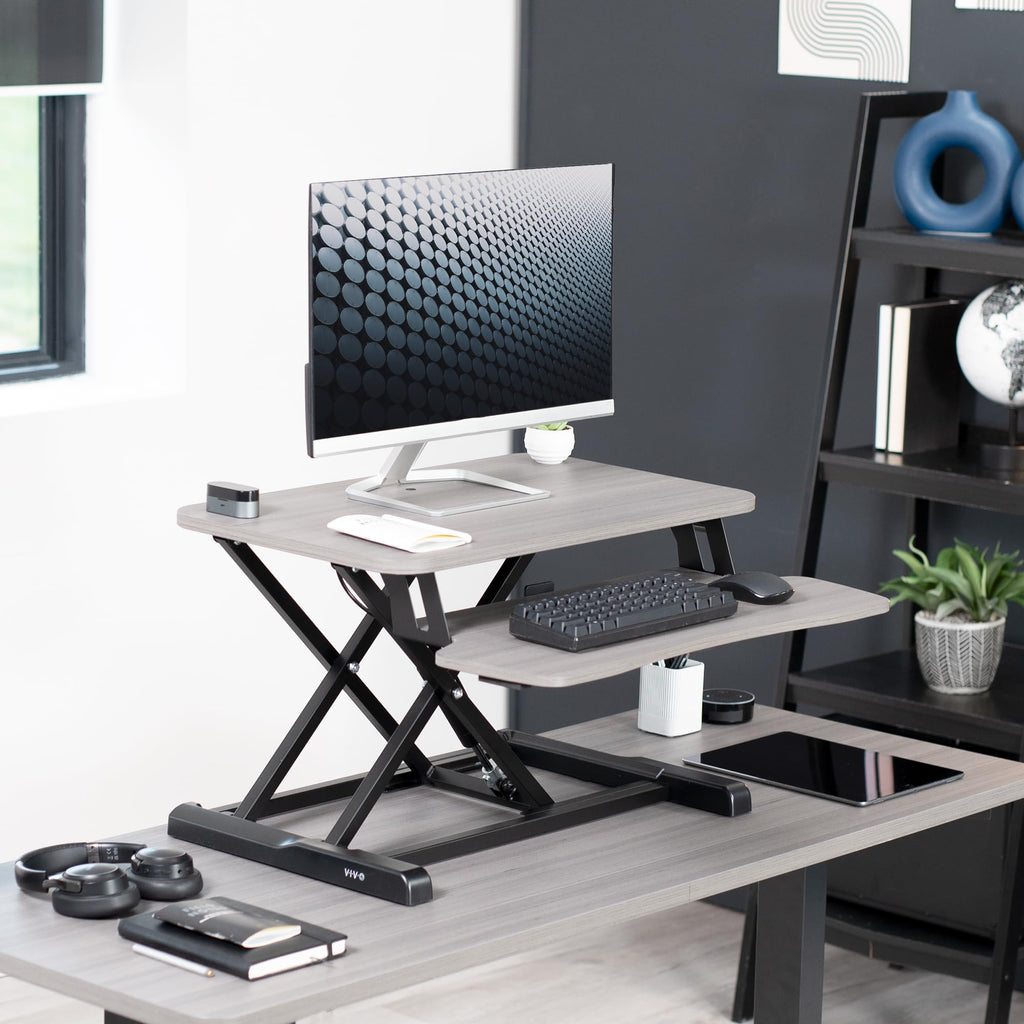 26 inch Desk Converter, K Series, Height Adjustable Sit to Stand Riser, Dual Monitor and Laptop Workstation with Keyboard Tray, Gray Top, Black Frame, DESK-V026KG