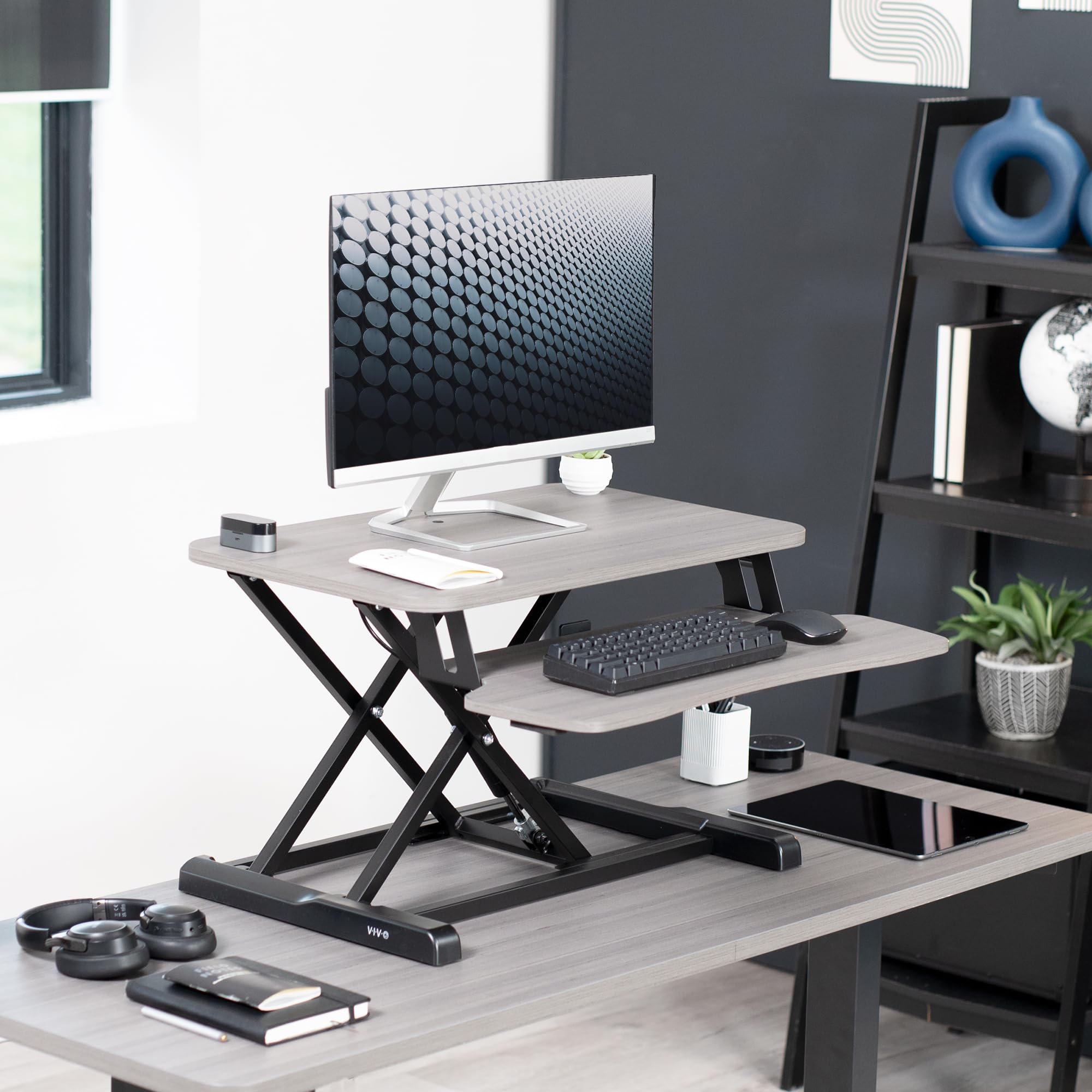 26 inch Desk Converter, K Series, Height Adjustable Sit to Stand Riser, Dual Monitor and Laptop Workstation with Keyboard Tray, Gray Top, Black Frame, DESK-V026KG