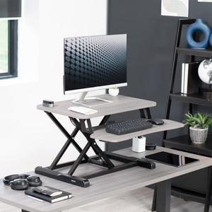 26 inch Desk Converter, K Series, Height Adjustable Sit to Stand Riser, Dual Monitor and Laptop Workstation with Keyboard Tray, Gray Top, Black Frame, DESK-V026KG