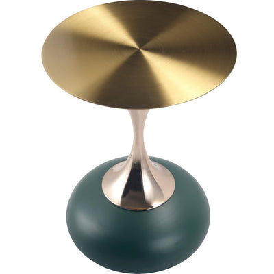 Modern Round Side Table with Gold Stainless Steel Top, Gold Pedestal Stem & Glossy Base, Accent End Table for Living Room, Bedroom, or Small Spaces, 17.7