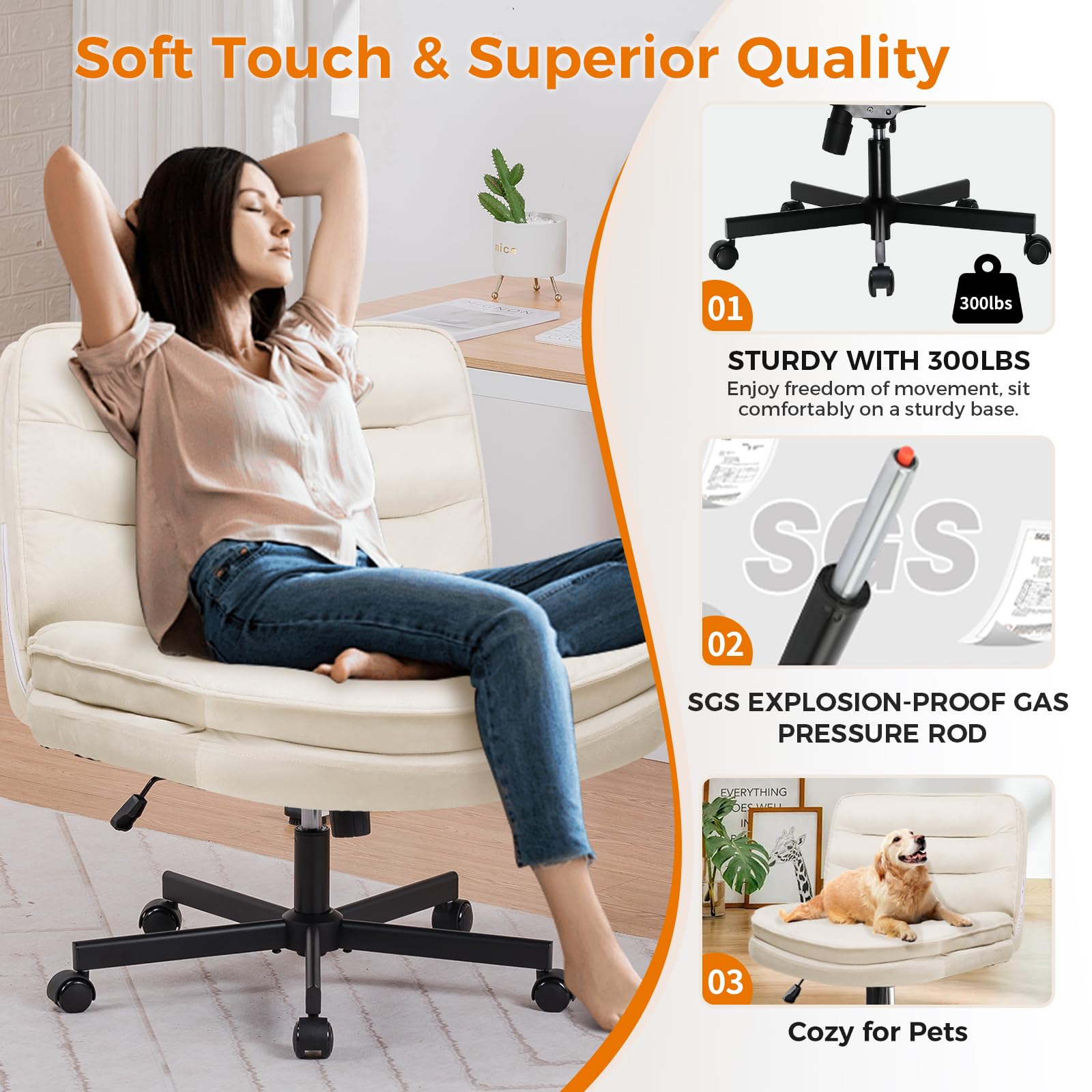 Criss Cross Chair with Wheels Armless Cross Legged Office Chair Wide Home Office Desk Chair Swivel Comfy Vanity Desk Chair Height Adjustable Mid Back Wide Seat Computer Task Chair