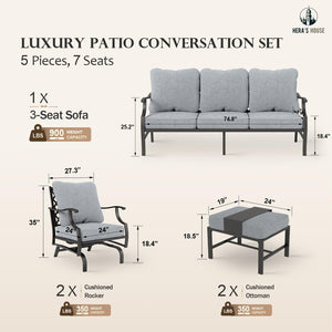 5 Pieces Patio Furniture Set, 2 x Cushioned Rocking Chair, 2 x Ottoman, 1 x 3-Seat Sofa, All Cushioned 7 Seats Outdoor Conversation Set for Lawn Garden Backyard, Grey