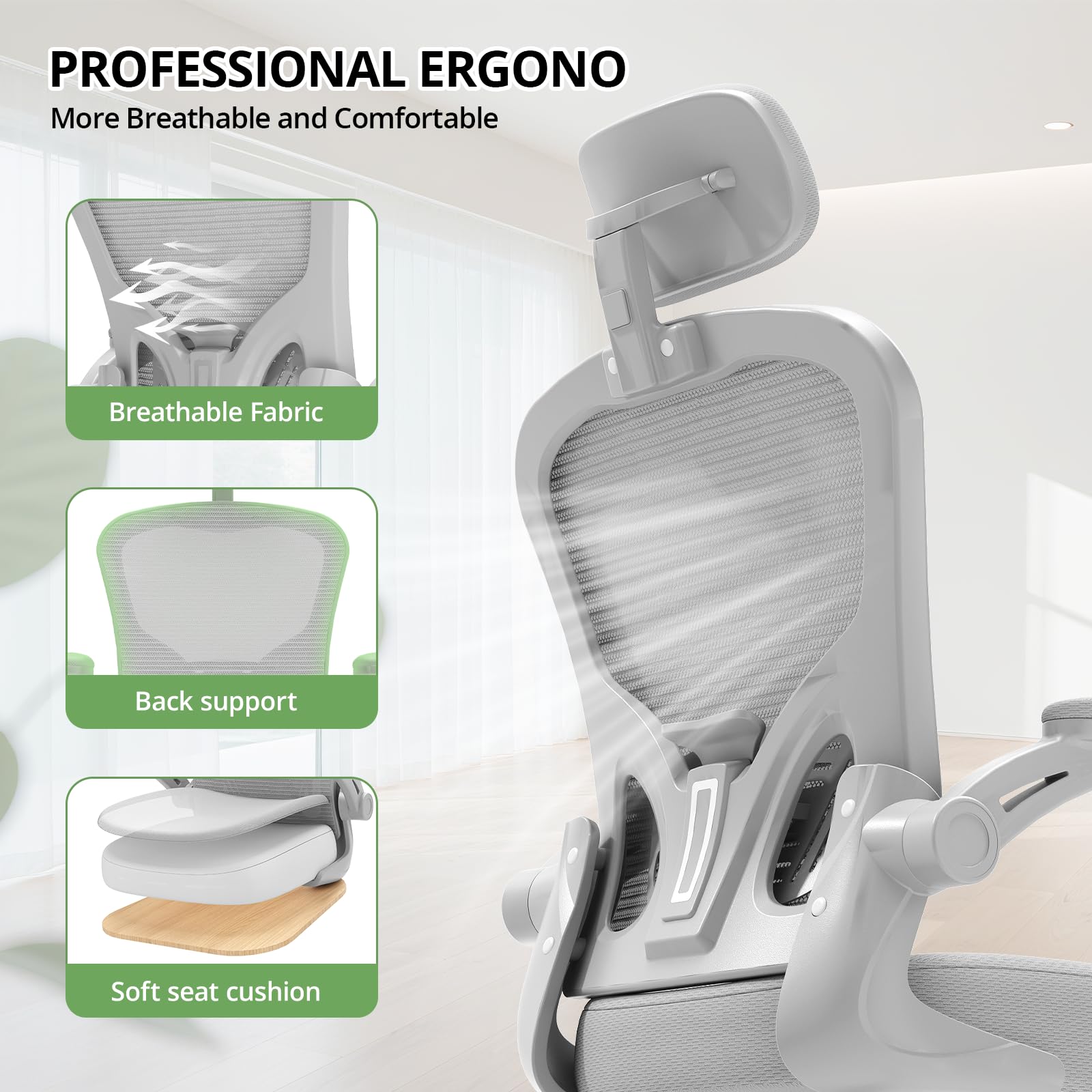 Office Chair Ergonomic Desk Chair, 330LBS Capacity, High Back Computer Design for Long Hours Comfort, Rolling Swivel Executive Task for Home Office with Flip-up Armrests（Grey）