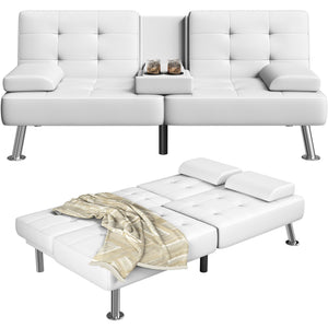 Sofa Bed Adjustable Futon Couch Sleeper Sofa Bed for Living Room, Business Office, Recliner Sofas with Cup Holders (PU Leather, White)