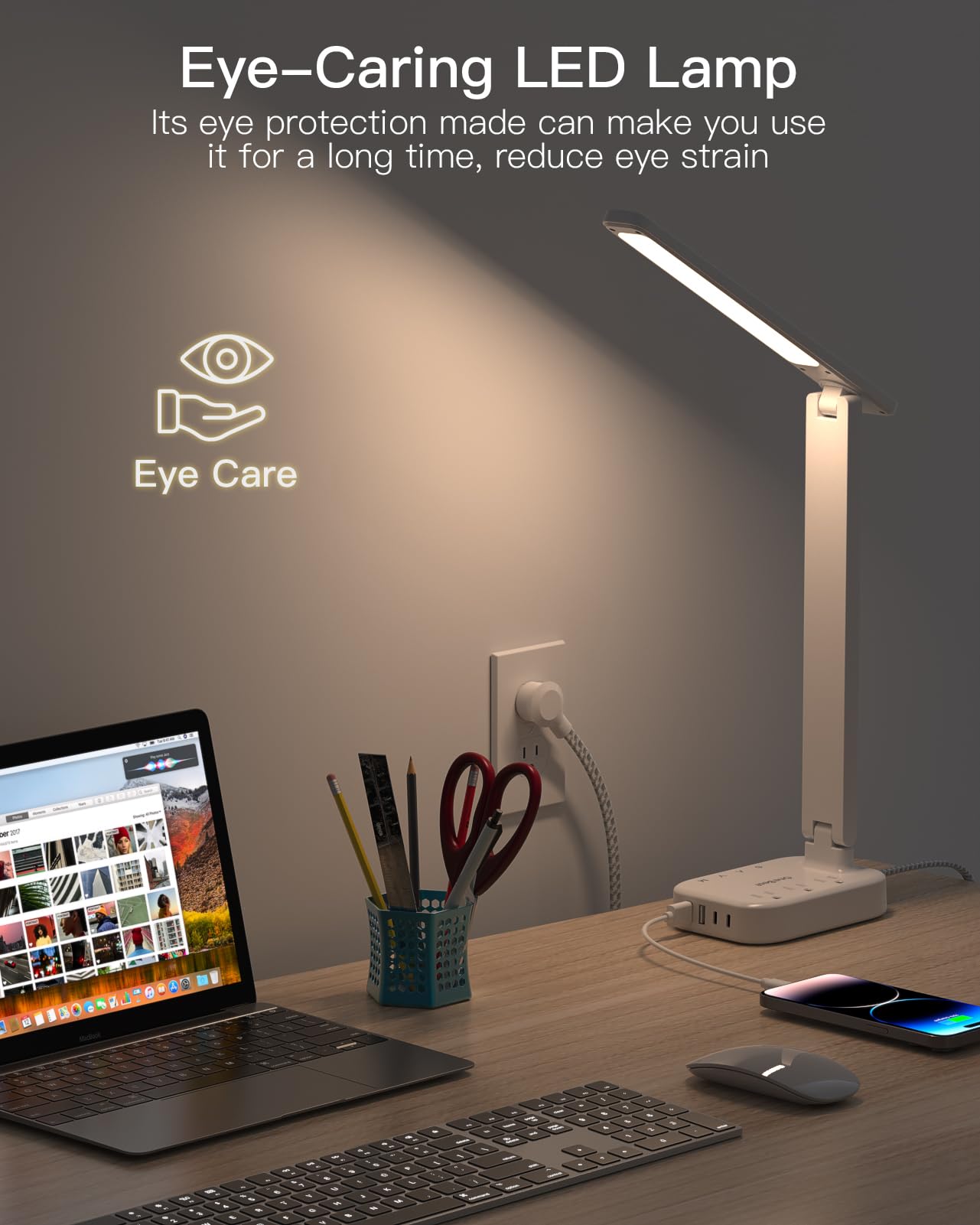 LED Small Desk Lamp Power Strip 5ft Extension Cord, 3 Outlets, 4 USB Ports(2 USB C), 4 Modes, 5 Level Touch- Home, Office, Bedroom, Bedside, Study Reading Light, Dorm Room Essentials, White