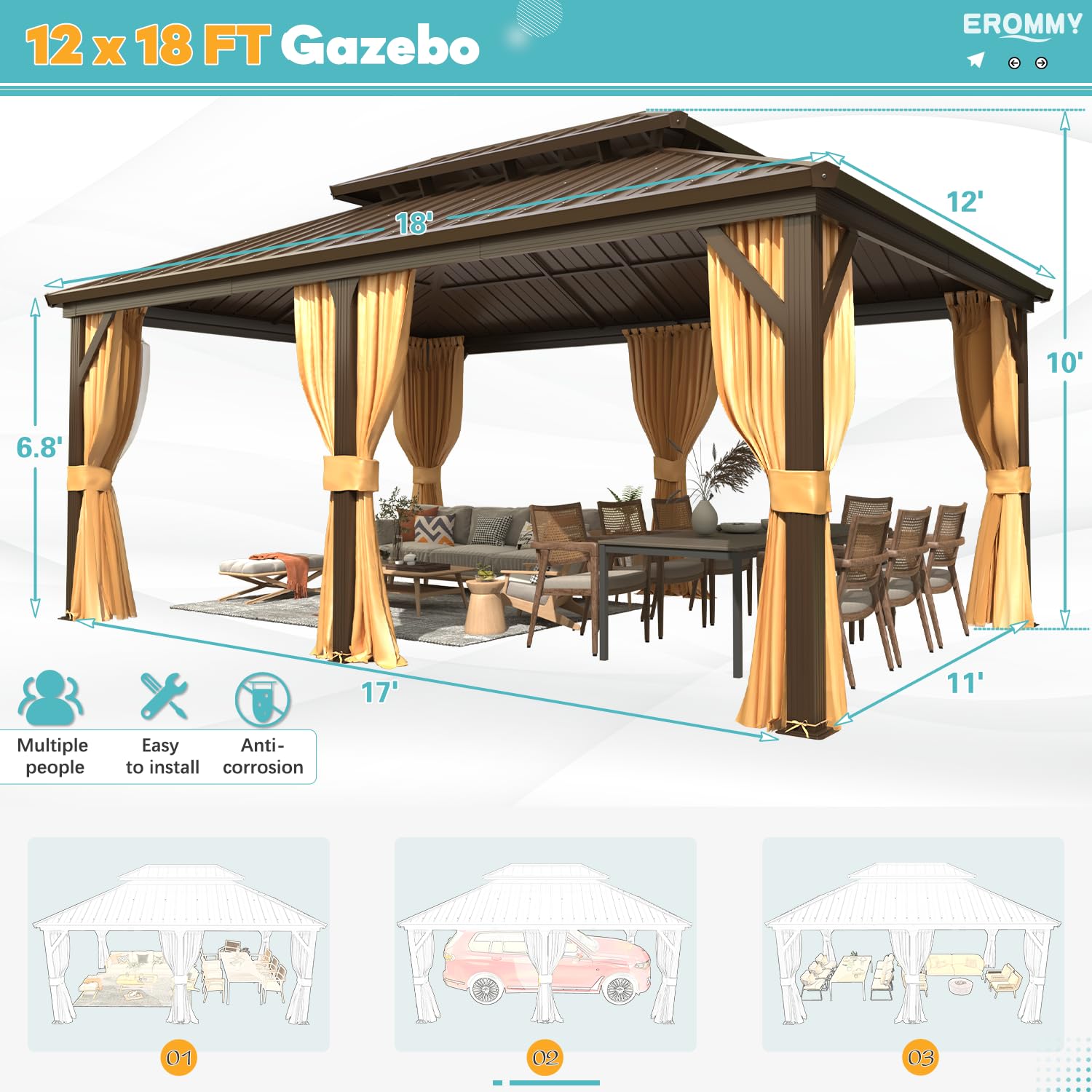 12' x 18' Hardtop Gazebo, Aluminum Frame Gazebos with Galvanized Steel Double Roof, Permanent Outdoor Metal Pavilion with Curtain and Netting for Patio, Lawn, Deck