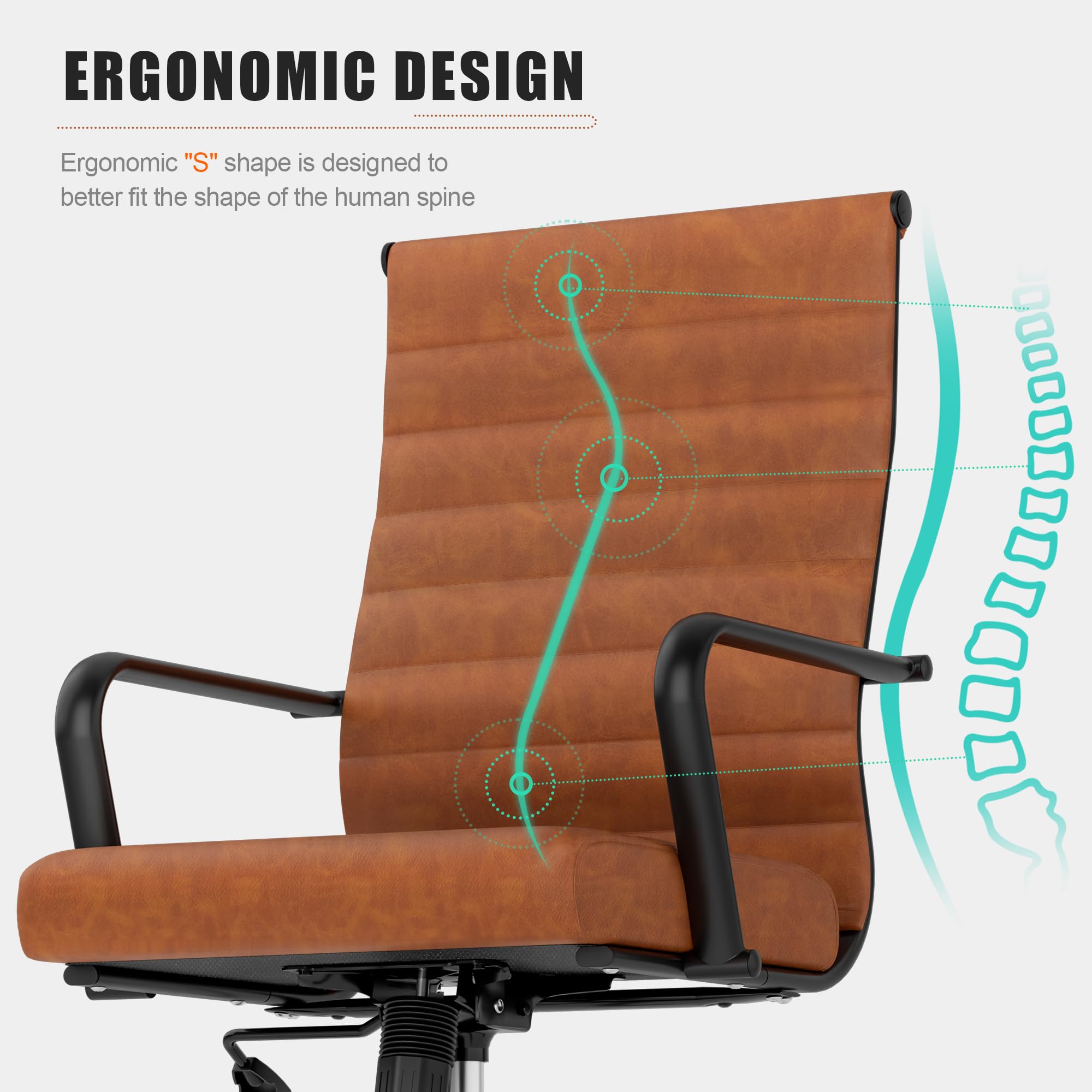 Leather Office Desk Chair, Mid-Century Modern Leather Conference Room Chairs, Ergonomic Executive Ribbed Height Adjustable Swivel Rolling Chair for Home Office.