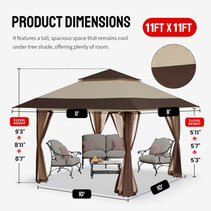 11x11 Pop Up Gazebo, Patented One Push Outoor Canopy Tent with Wheeled STO-N-Go Cover Bag, Pop Up Canopy with Netting for Patio, Backyard (11x11, Beige & Coffee)