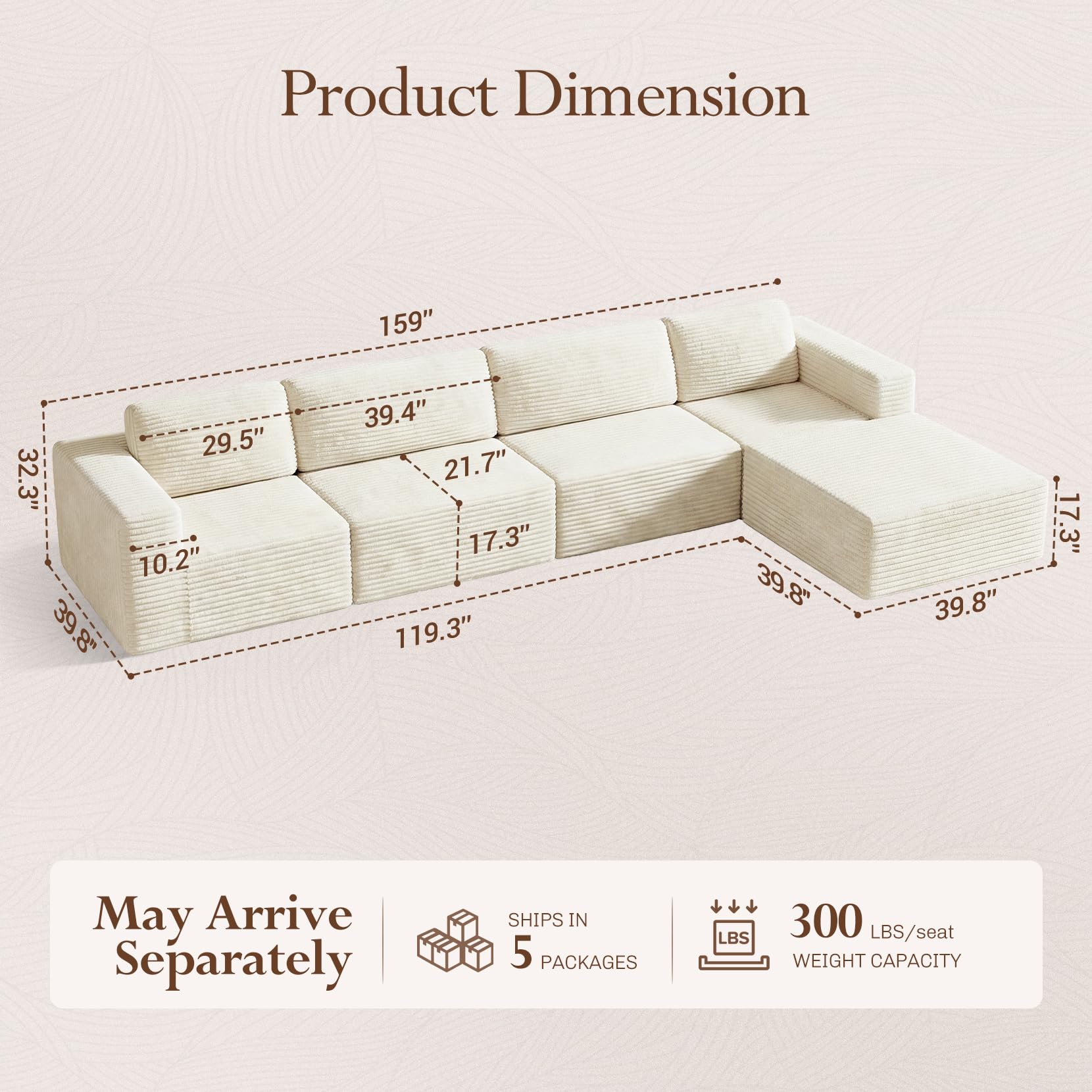 159" Large Modular Sectional Sofa, L-Shaped Corduroy Cloud Couch with Deep Seats & Spring Support, 4-Seater Boneless Sofa with Movable Ottoman, No Assembly Needed, Beige