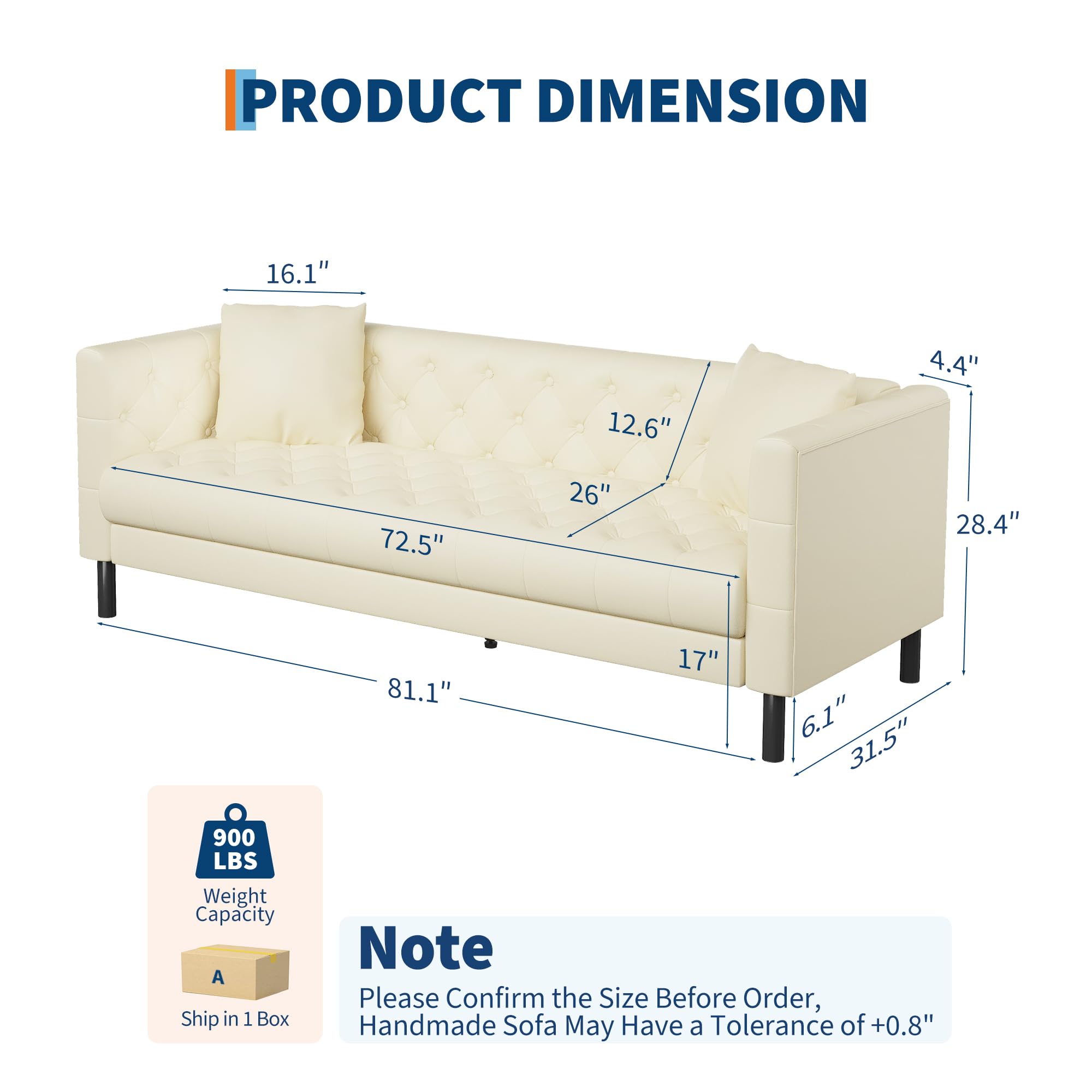 81 in Leather Couch for Living Room, Modern Sofa Couch with Deep Seat, Handmade Button Tufted 3 Seater Sofa, Leather Sofa for Apartment, Office, Cream White