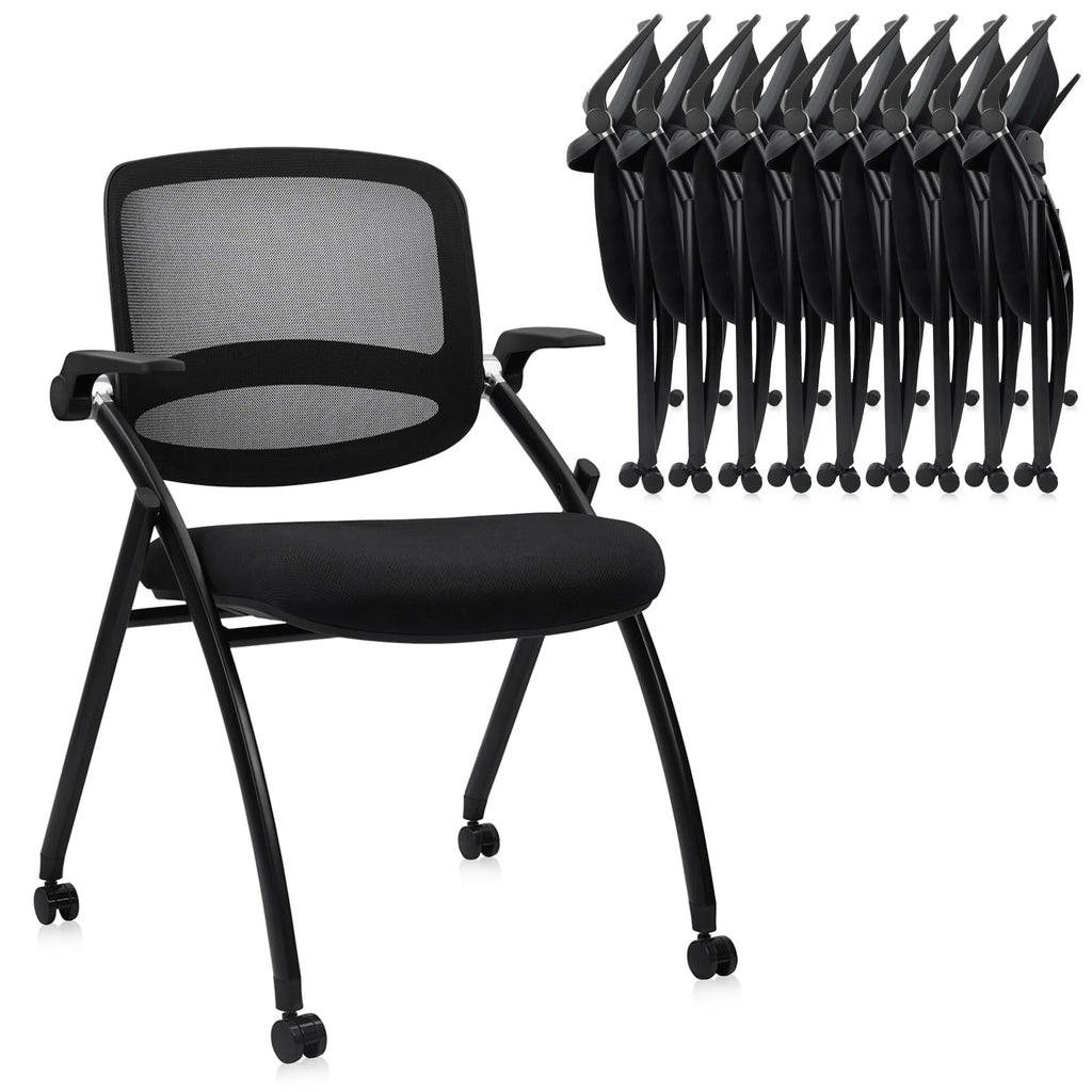 10PACK, Stackable & Foldable Chairs with Flip Up Armrests, Reception Guest Chairs with Wheels, Ergonomic Curved Mesh Back Folding Chair for Office Meeting Schools Conference Waiting Room,