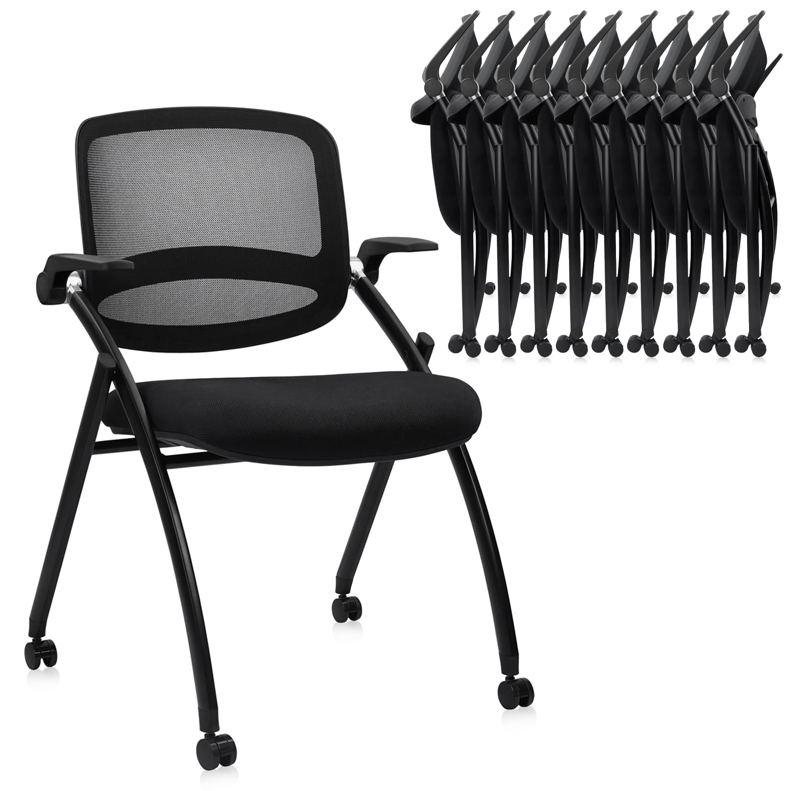 10PACK, Stackable & Foldable Chairs with Flip Up Armrests, Reception Guest Chairs with Wheels, Ergonomic Curved Mesh Back Folding Chair for Office Meeting Schools Conference Waiting Room,