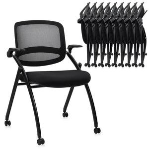10PACK, Stackable & Foldable Chairs with Flip Up Armrests, Reception Guest Chairs with Wheels, Ergonomic Curved Mesh Back Folding Chair for Office Meeting Schools Conference Waiting Room,