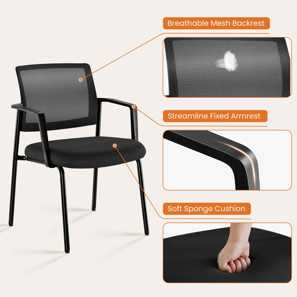 Black-4pack, Mesh Back Stacking Arm Chairs, Office Reception Guest Chair with Upholstered Fabric Seat and Ergonomic Lumber Support, Sturdy Metal Office Chairs
