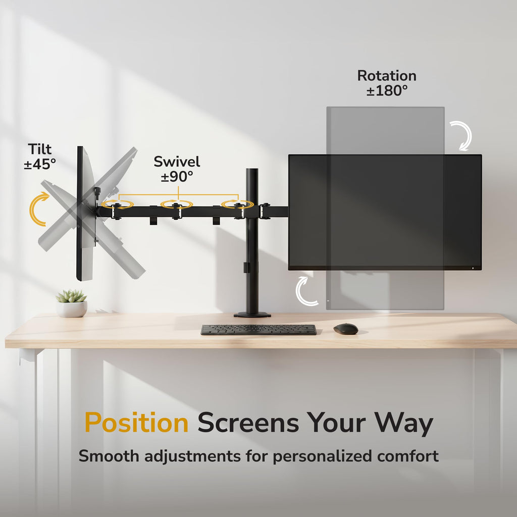 Dual Monitor Stand, Full Motion Desk Mount for 2 Screens up to 32” and 19.8 lbs Each, Tilt Swivel Rotate, VESA 75x75 & 100x100, Adjustable Dual Screen Arm with C-Clamp or Grommet