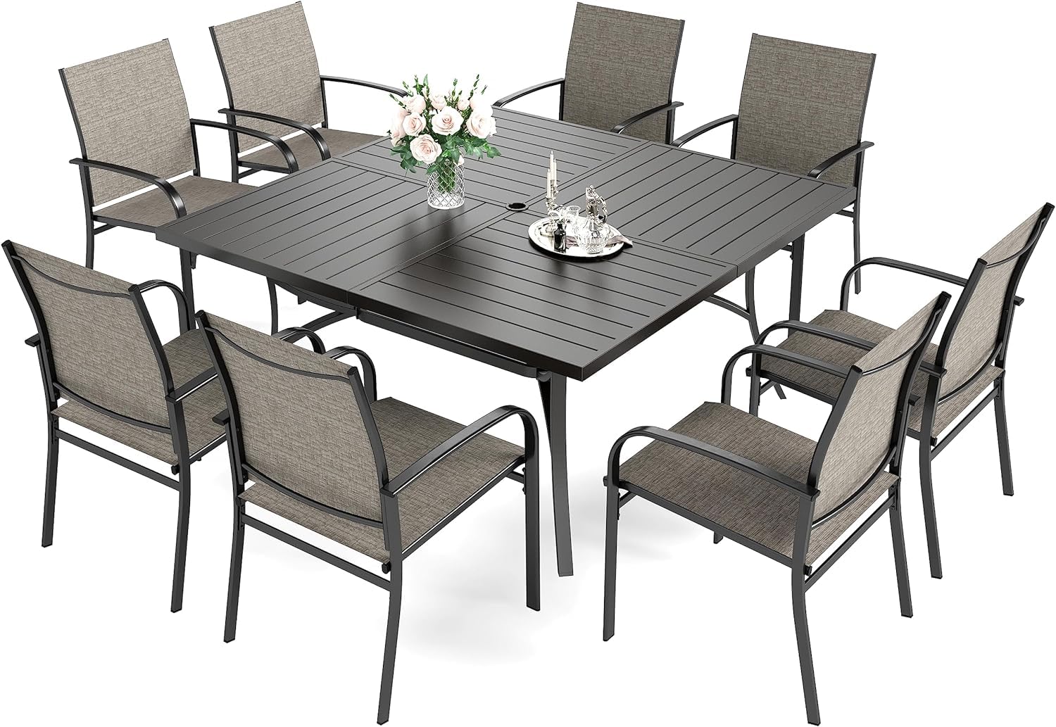 9 Pieces Patio Dining Set, Outdoor Table and Chairs Set for 8, 8 x Brown Textilene Dining Chair and 60