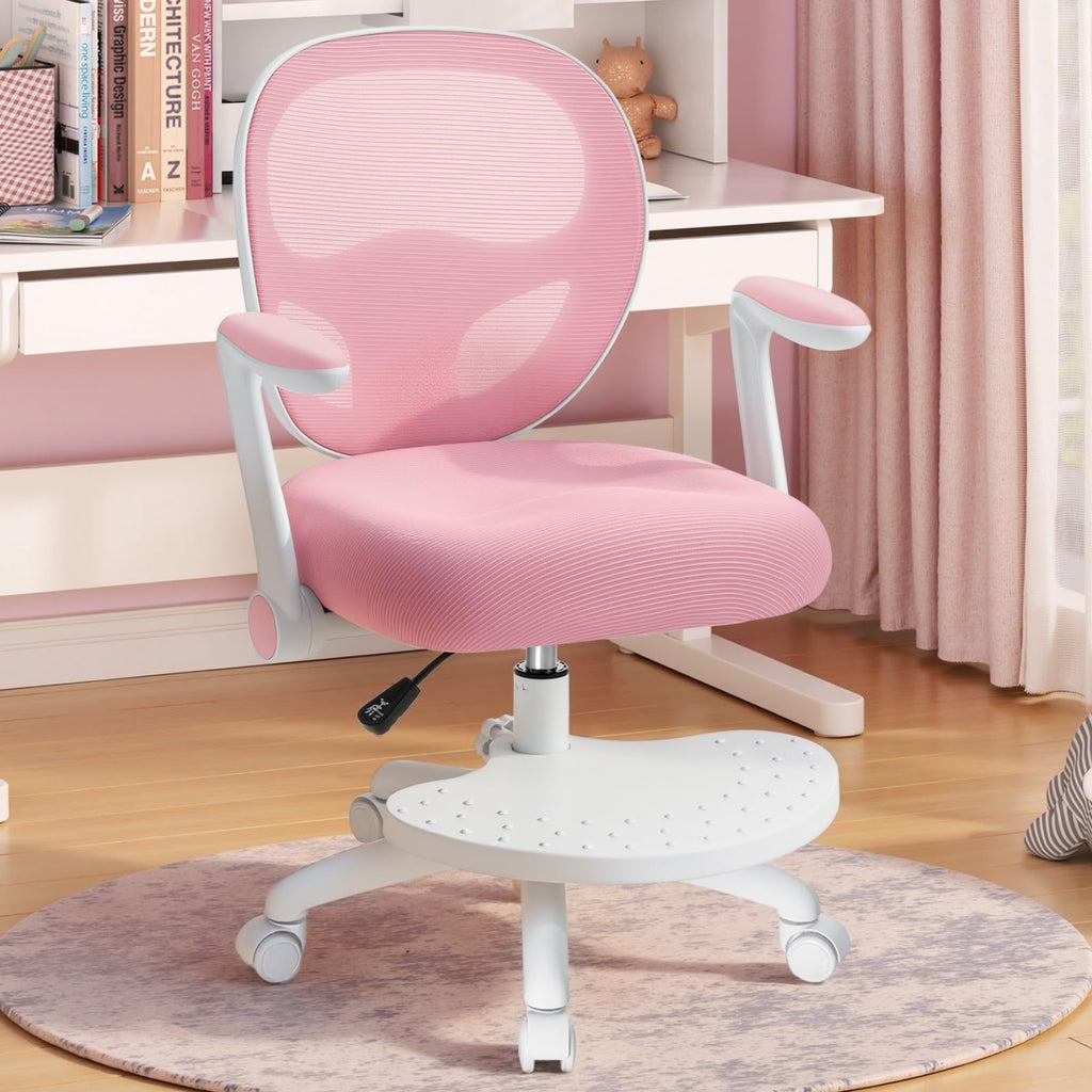 Kids Desk Chair Ergonomic Study Chair with Flipped Armrest and Footrest Adjustable Height Swivel Kids Computer Chair Mesh Desk Chair for Boys Girls Children at Home Bedroom Study Room Pink