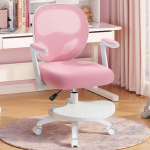Kids Desk Chair Ergonomic Study Chair with Flipped Armrest and Footrest Adjustable Height Swivel Kids Computer Chair Mesh Desk Chair for Boys Girls Children at Home Bedroom Study Room Pink
